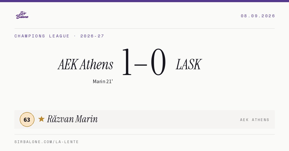 AEK Athens 1–0 LASK, Champions League 2026-27. Figura: Răzvan Marin, 63