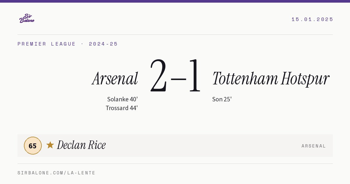 Arsenal 2–1 Tottenham Hotspur, Premier League 2024-25. Figura: Declan Rice, 65