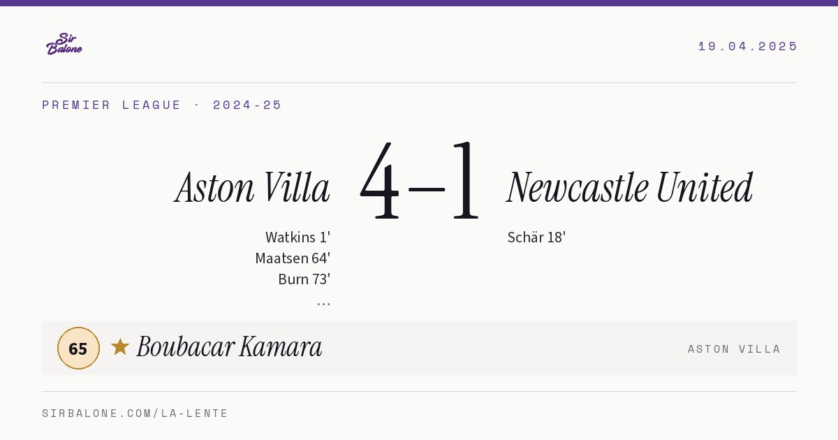 Aston Villa 4–1 Newcastle United, Premier League 2024-25. Figura: Boubacar Kamara, 65
