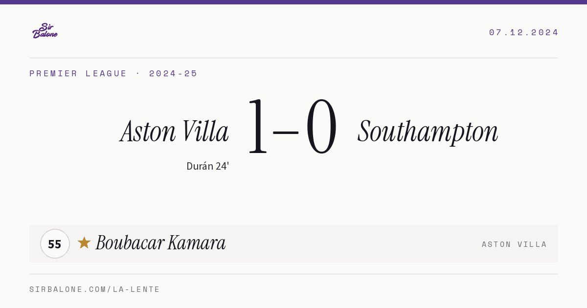 Aston Villa 1–0 Southampton, Premier League 2024-25. Player of the match: Boubacar Kamara, 55