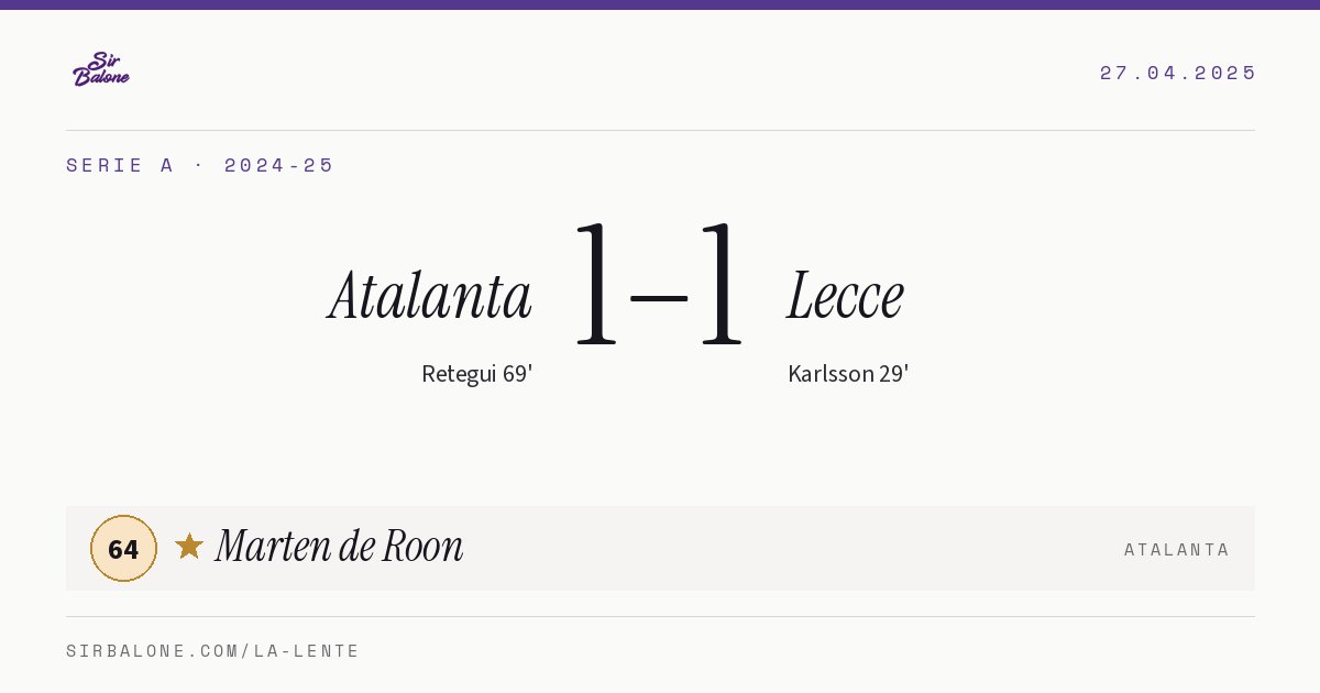 Atalanta 1–1 Lecce, Serie A 2024-25. Figura: Marten de Roon, 64
