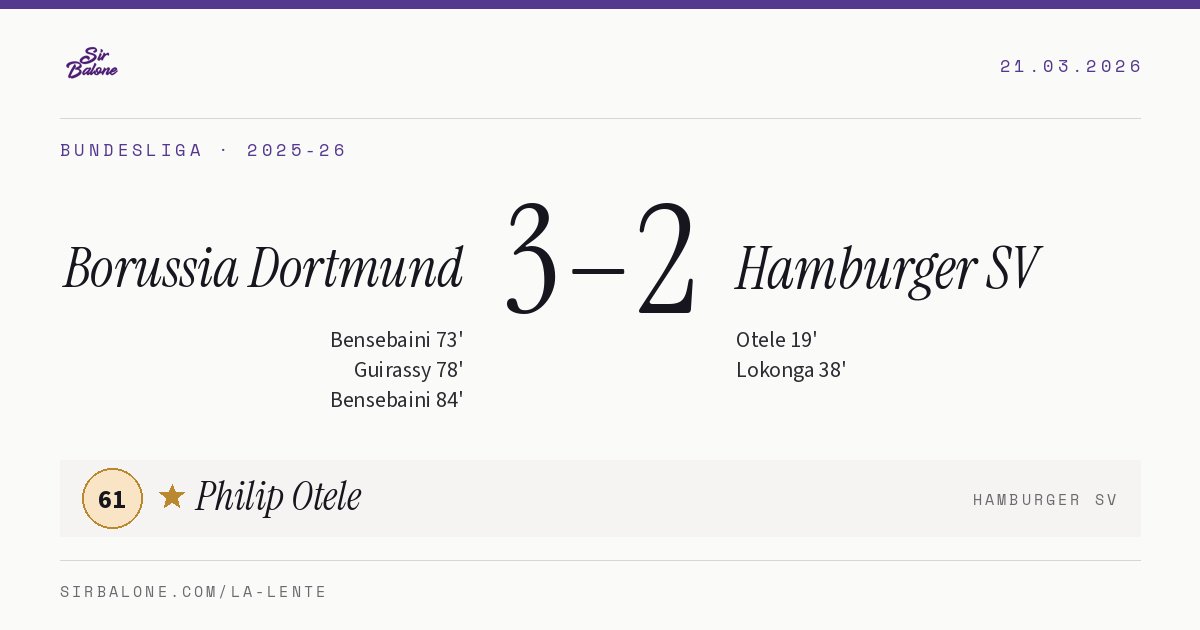 Borussia Dortmund 3–2 Hamburger SV, Bundesliga 2025-26. Figura: Philip Otele, 61
