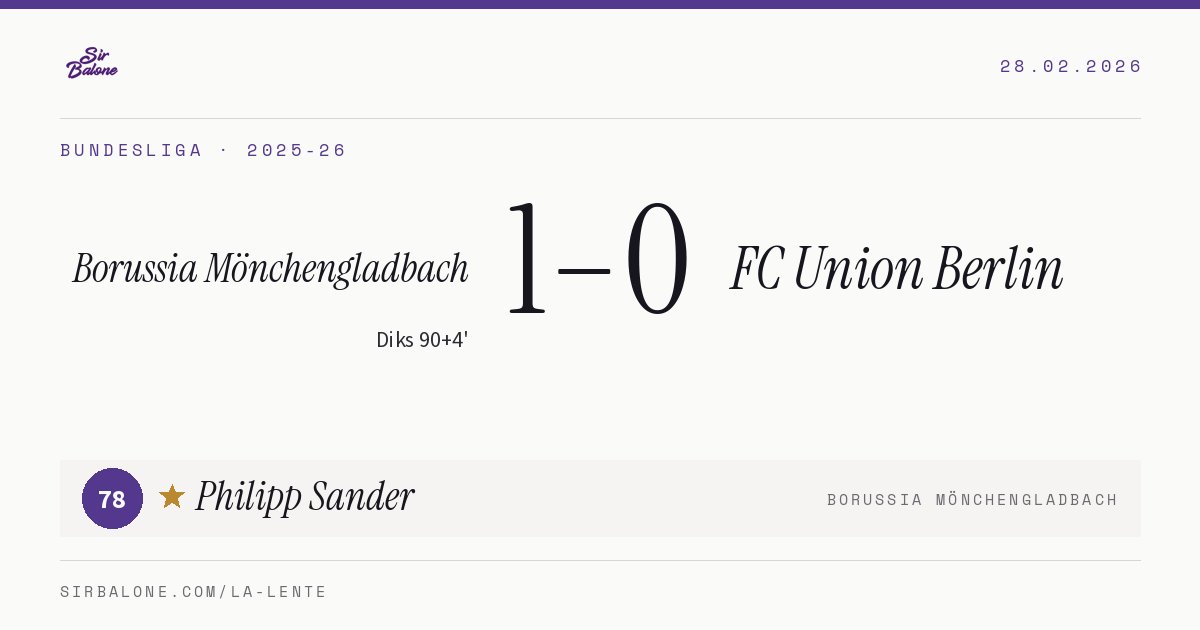 Borussia Mönchengladbach 1–0 FC Union Berlin, Bundesliga 2025-26. Figura: Philipp Sander, 78