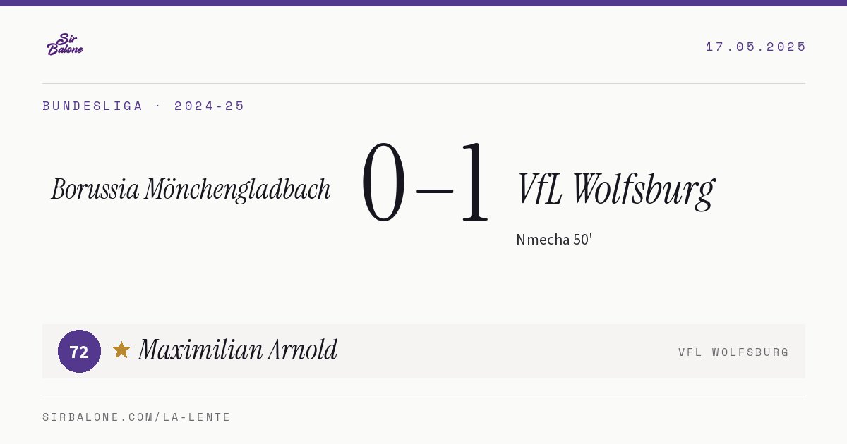Borussia Mönchengladbach 0–1 VfL Wolfsburg, Bundesliga 2024-25. Figura: Maximilian Arnold, 72