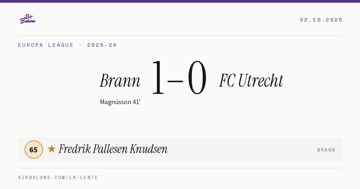 Brann 1–0 FC Utrecht, Europa League 2025-26. Figura: Fredrik Pallesen Knudsen, 65