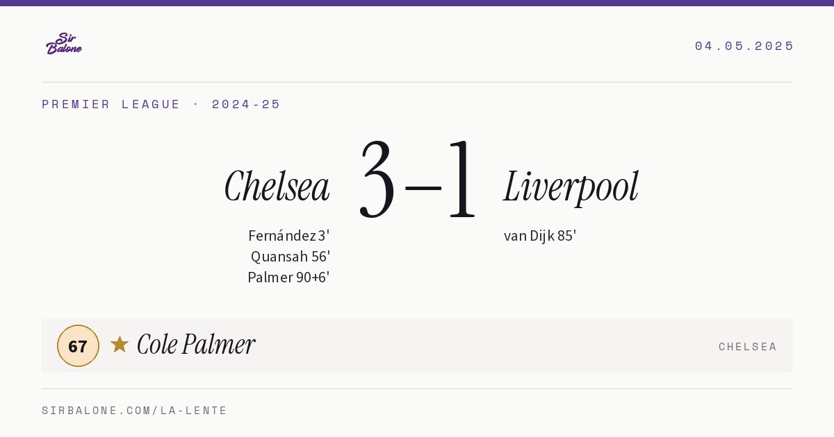 Chelsea 3–1 Liverpool, Premier League 2024-25. Figura: Cole Palmer, 67