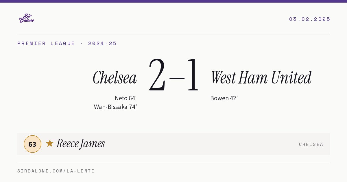 Chelsea 2–1 West Ham United, Premier League 2024-25. Player of the match: Reece James, 63