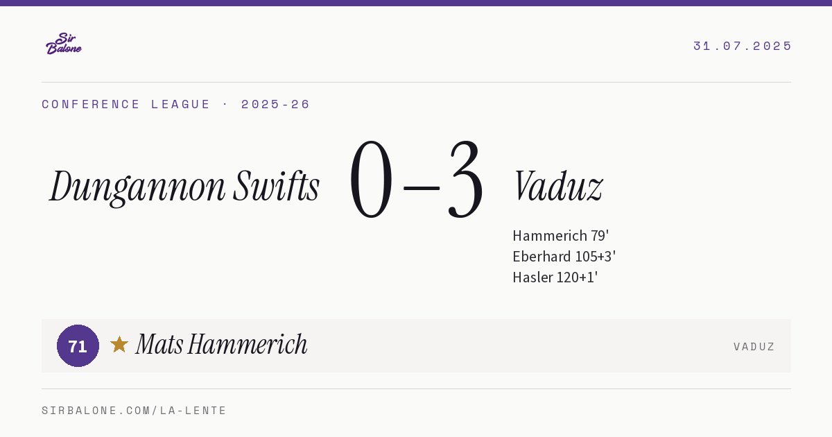 Dungannon Swifts 0–3 Vaduz, Conference League 2025-26. Figura: Mats Hammerich, 71
