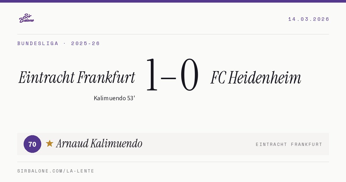 Eintracht Frankfurt 1–0 FC Heidenheim, Bundesliga 2025-26. Figura: Arnaud Kalimuendo, 70