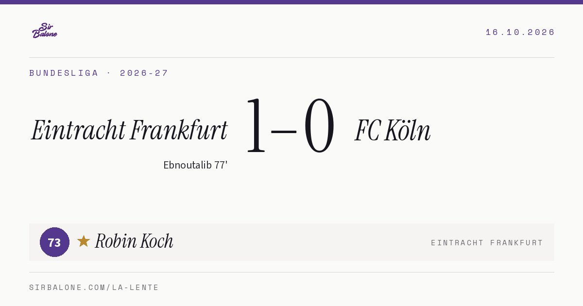Eintracht Frankfurt 1–0 FC Köln, Bundesliga 2026-27. Figura: Robin Koch, 73