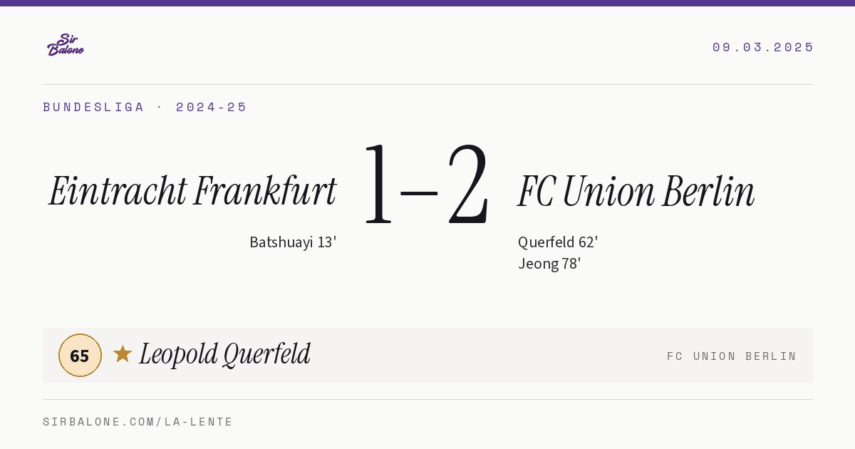 Eintracht Frankfurt 1–2 FC Union Berlin, Bundesliga 2024-25. Figura: Leopold Querfeld, 65