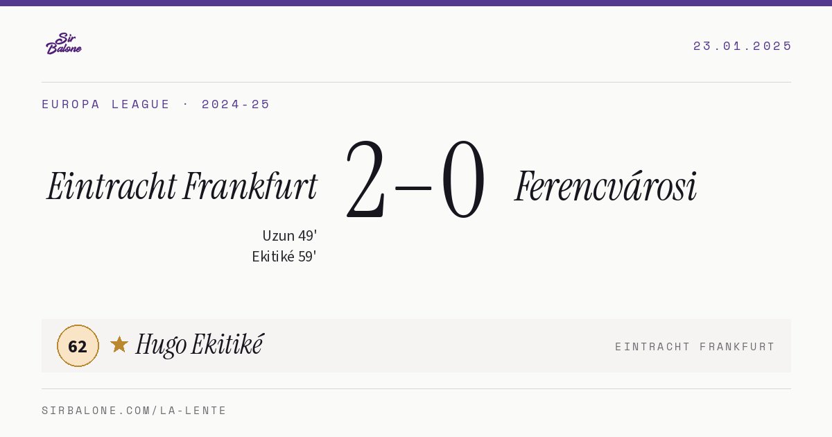 Eintracht Frankfurt 2–0 Ferencvárosi, Europa League 2024-25. Figura: Hugo Ekitiké, 62