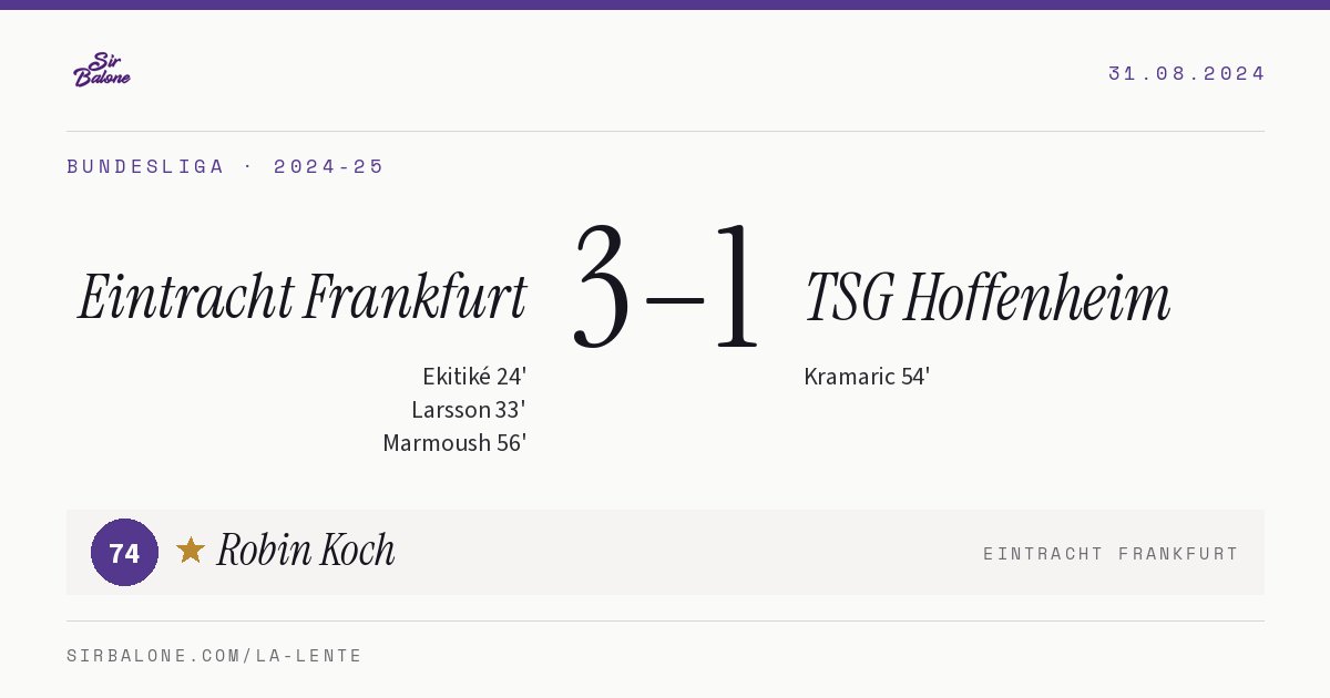Eintracht Frankfurt 3–1 TSG Hoffenheim, Bundesliga 2024-25. Figura: Robin Koch, 74