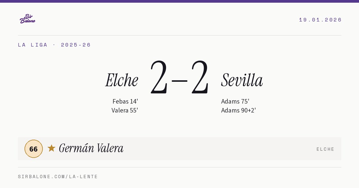 Elche 2–2 Sevilla, La Liga 2025-26. Figura: Germán Valera, 66