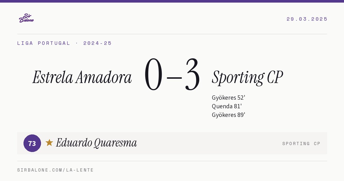 Estrela Amadora 0–3 Sporting CP, Liga Portugal 2024-25. Figura: Eduardo Quaresma, 73