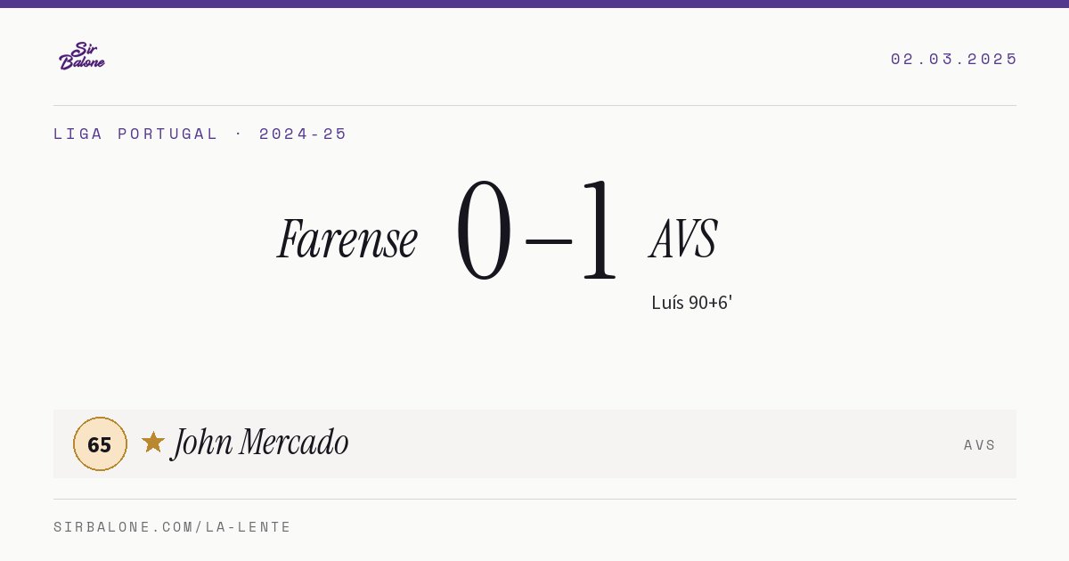 Farense 0–1 AVS, Liga Portugal 2024-25. Figura: John Mercado, 65