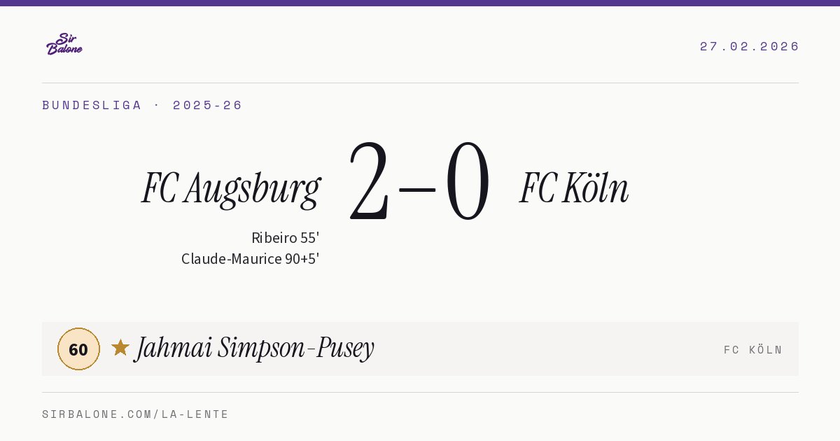 FC Augsburg 2–0 FC Köln, Bundesliga 2025-26. Figura: Jahmai Simpson-Pusey, 60