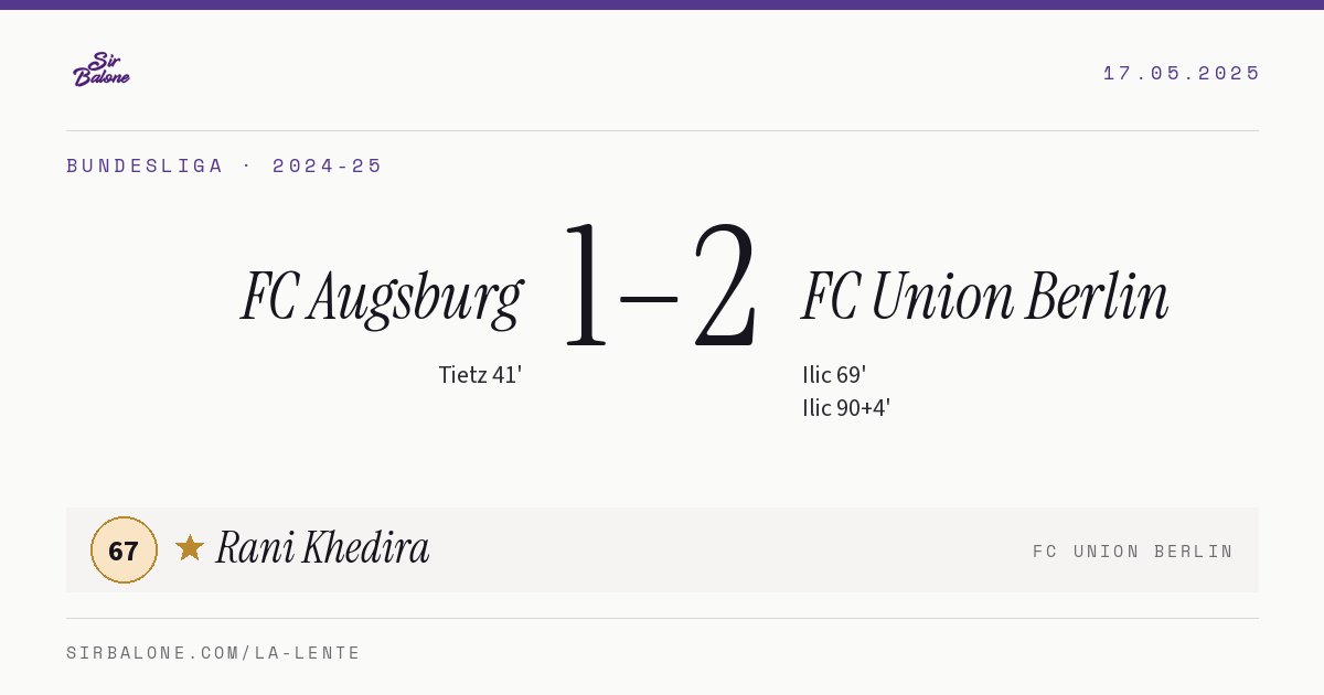 FC Augsburg 1–2 FC Union Berlin, Bundesliga 2024-25. Player of the match: Rani Khedira, 67