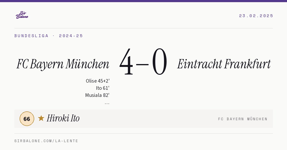 FC Bayern München 4–0 Eintracht Frankfurt, Bundesliga 2024-25. Figura: Hiroki Ito, 66