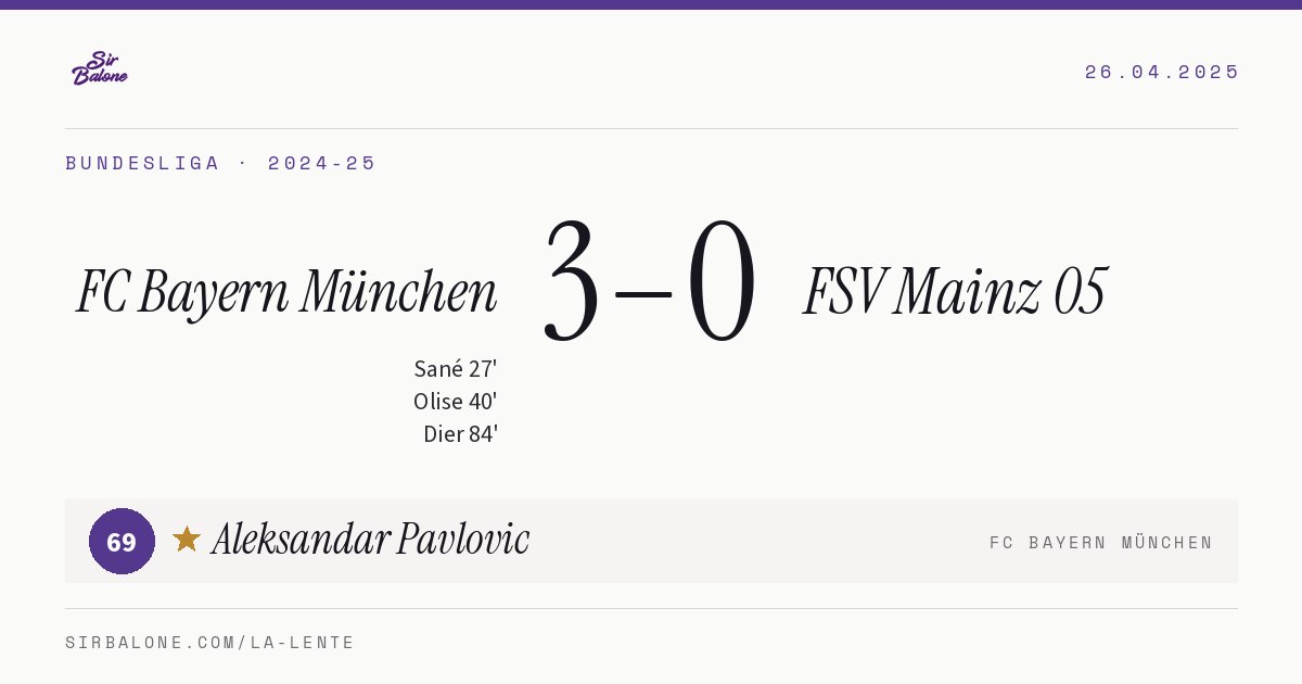FC Bayern München 3–0 FSV Mainz 05, Bundesliga 2024-25. Figura: Aleksandar Pavlovic, 69