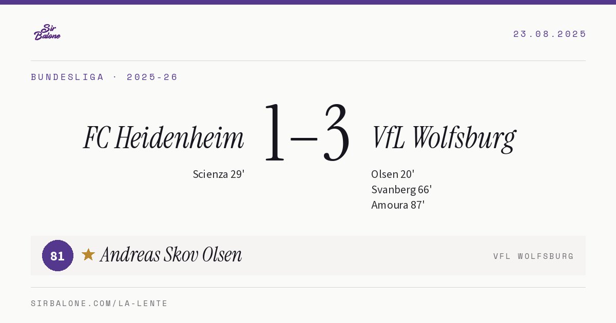 FC Heidenheim 1–3 VfL Wolfsburg, Bundesliga 2025-26. Figura: Andreas Skov Olsen, 81