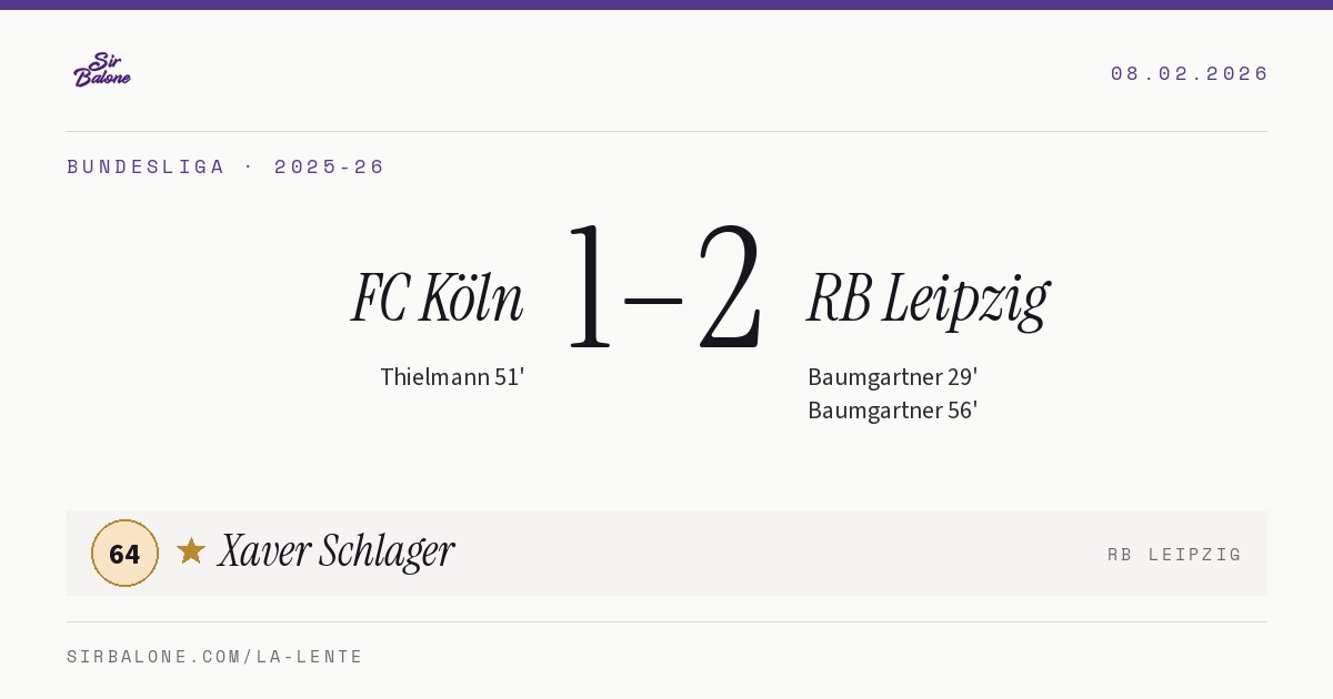FC Köln 1–2 RB Leipzig, Bundesliga 2025-26. Player of the match: Xaver Schlager, 64