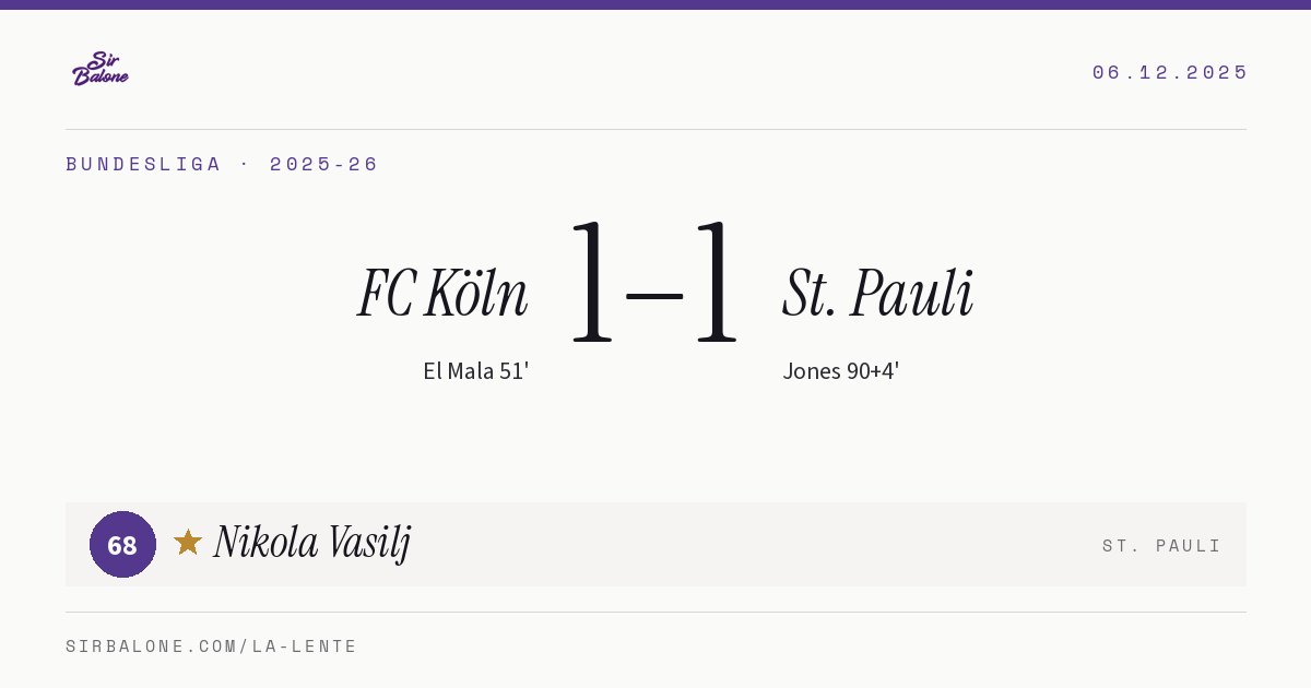 FC Köln 1–1 St. Pauli, Bundesliga 2025-26. Player of the match: Nikola Vasilj, 68