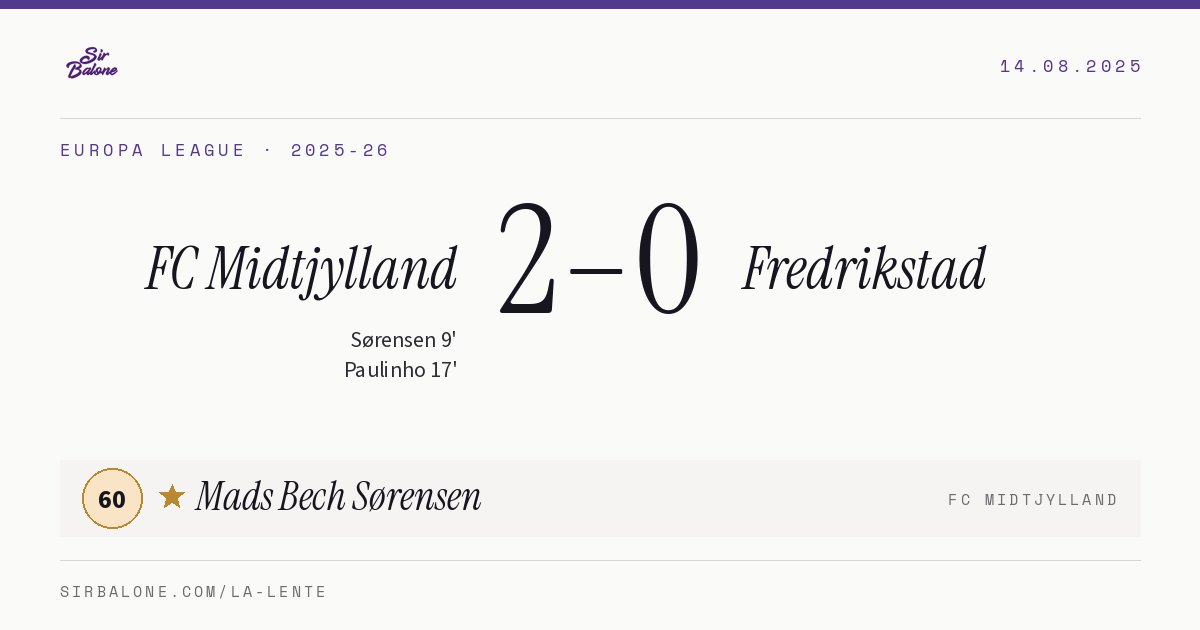 FC Midtjylland 2–0 Fredrikstad, Europa League 2025-26. Figura: Mads Bech Sørensen, 60