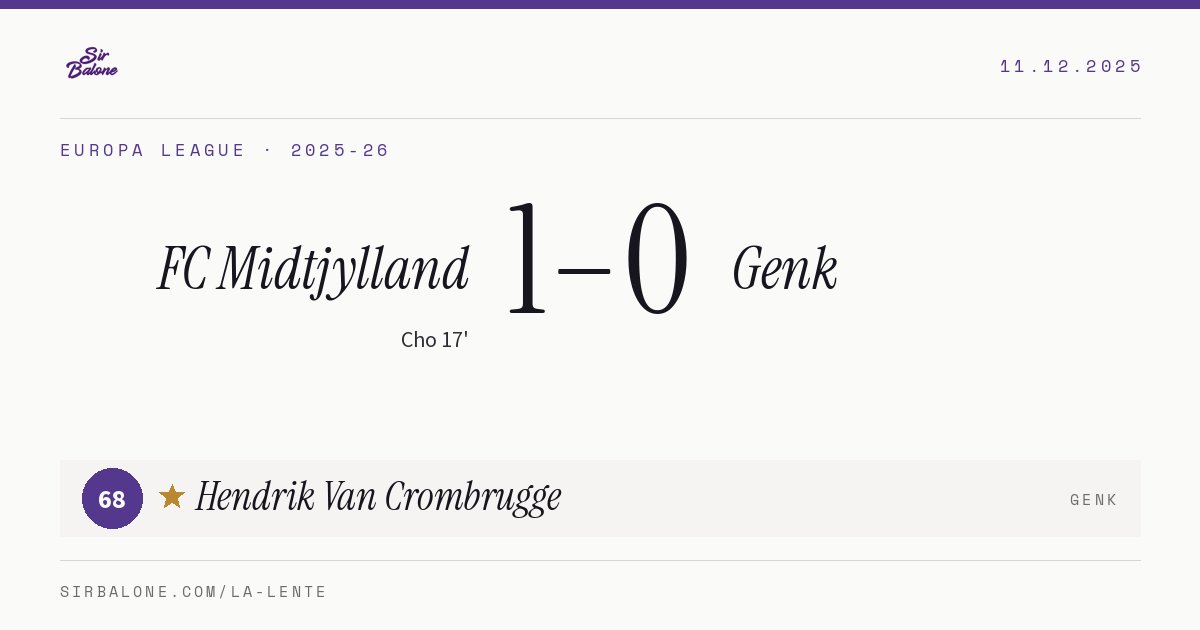 FC Midtjylland 1–0 Genk, Europa League 2025-26. Figura: Hendrik Van Crombrugge, 68