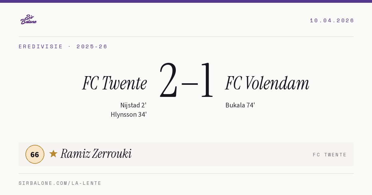 FC Twente 2–1 FC Volendam, Eredivisie 2025-26. Figura: Ramiz Zerrouki, 66