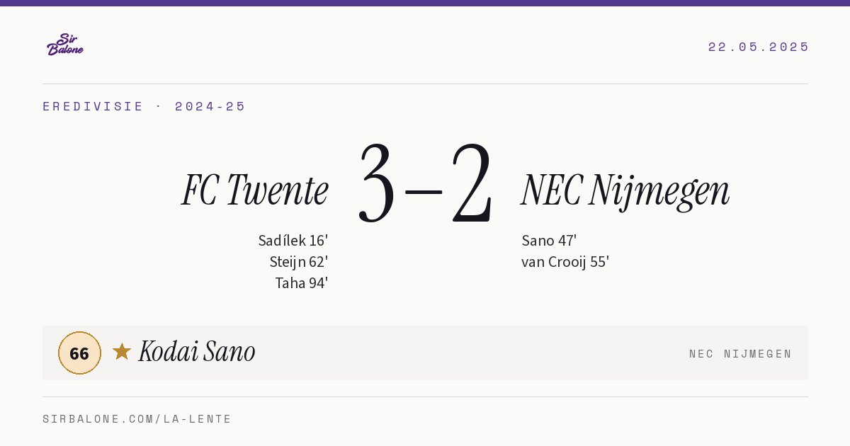 FC Twente 3–2 NEC Nijmegen, Eredivisie 2024-25. Figura: Kodai Sano, 66