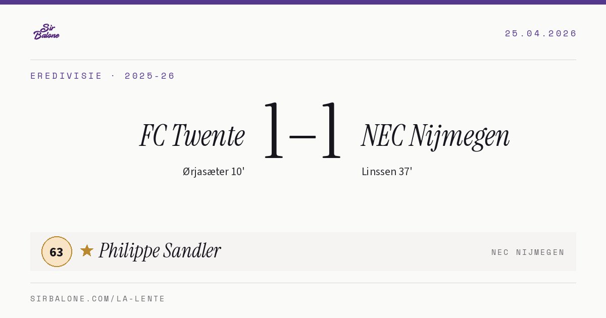FC Twente 1–1 NEC Nijmegen, Eredivisie 2025-26. Figura: Philippe Sandler, 63