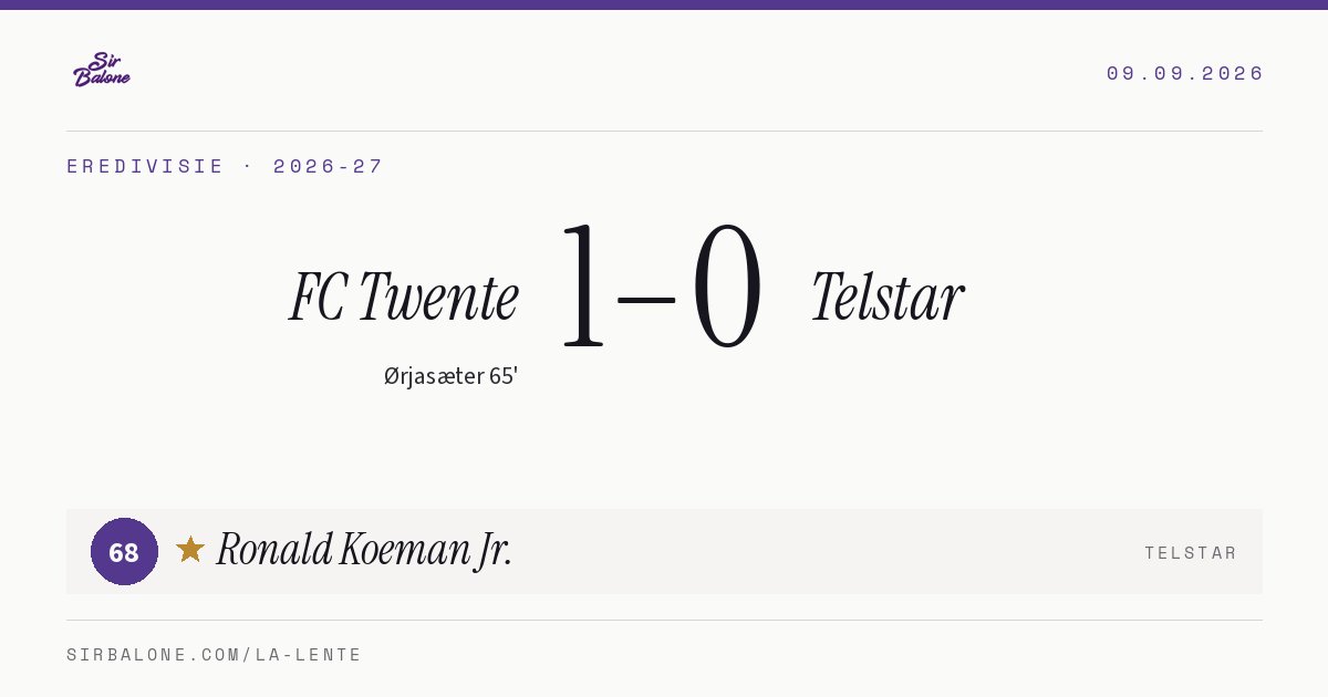 FC Twente 1–0 Telstar, Eredivisie 2026-27. Player of the match: Ronald Koeman Jr., 68