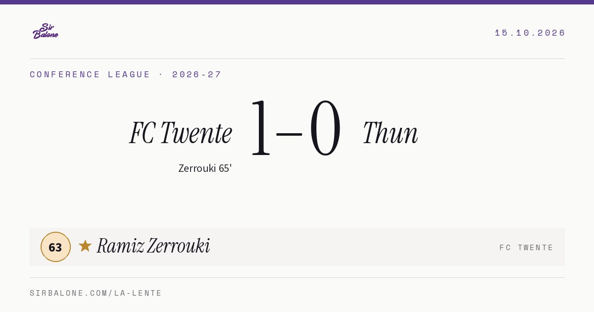 FC Twente 1–0 Thun, Conference League 2026-27. Figura: Ramiz Zerrouki, 63