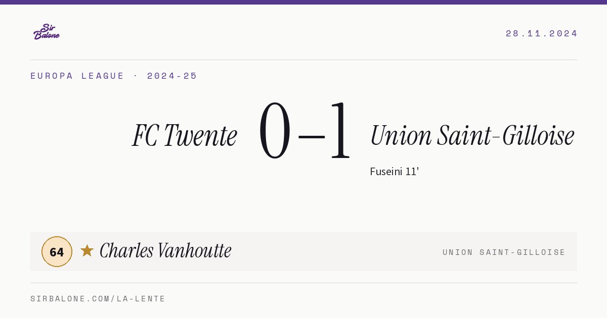 FC Twente 0–1 Union Saint-Gilloise, Europa League 2024-25. Player of the match: Charles Vanhoutte, 64