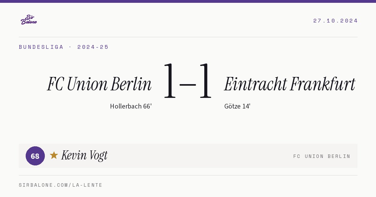 FC Union Berlin 1–1 Eintracht Frankfurt, Bundesliga 2024-25. Figura: Kevin Vogt, 68