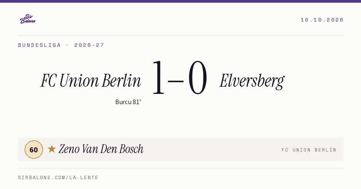 FC Union Berlin 1–0 Elversberg, Bundesliga 2026-27. Figura: Zeno Van Den Bosch, 60