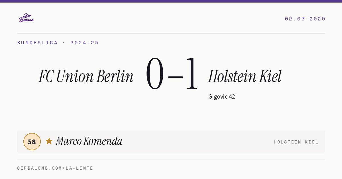 FC Union Berlin 0–1 Holstein Kiel, Bundesliga 2024-25. Figura: Marco Komenda, 58