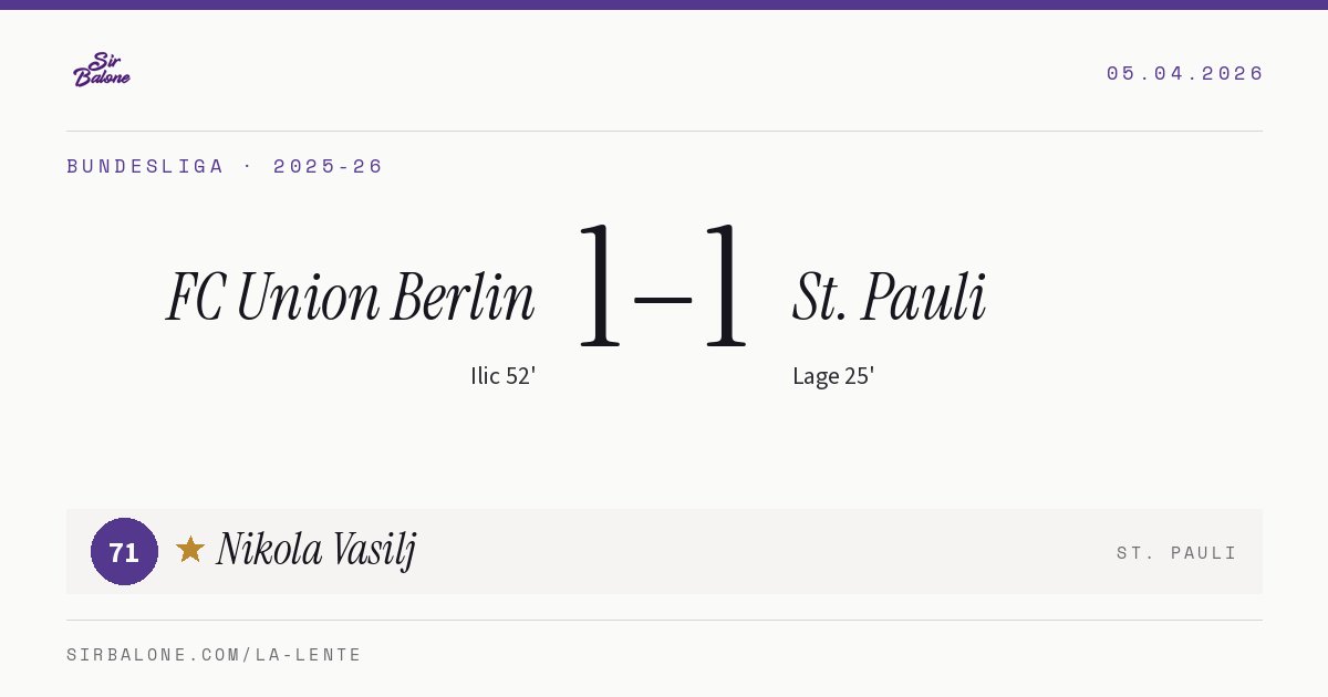 FC Union Berlin 1–1 St. Pauli, Bundesliga 2025-26. Figura: Nikola Vasilj, 71