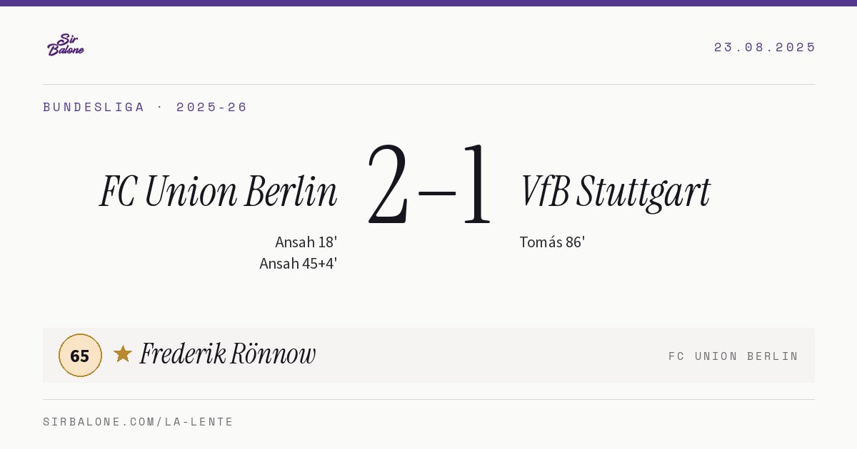 FC Union Berlin 2–1 VfB Stuttgart, Bundesliga 2025-26. Figura: Frederik Rönnow, 65