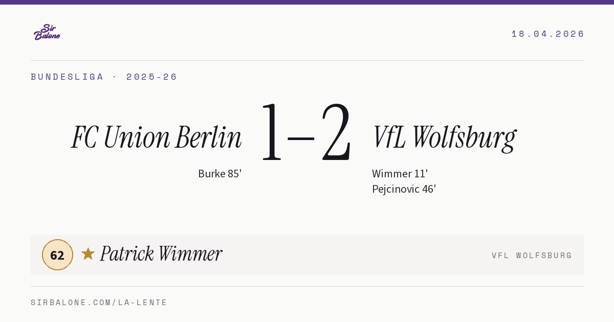 FC Union Berlin 1–2 VfL Wolfsburg, Bundesliga 2025-26. Figura: Patrick Wimmer, 62