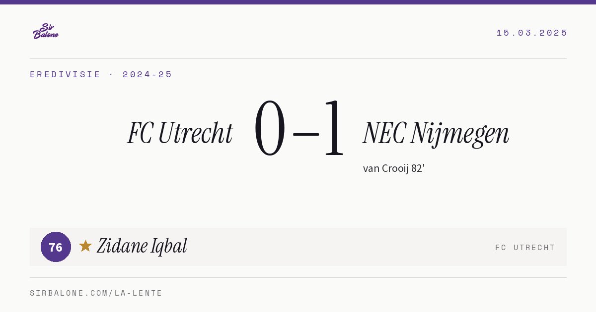 FC Utrecht 0–1 NEC Nijmegen, Eredivisie 2024-25. Figura: Zidane Iqbal, 76