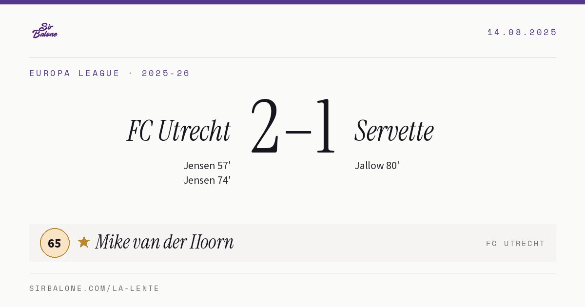 FC Utrecht 2–1 Servette, Europa League 2025-26. Figura: Mike van der Hoorn, 65