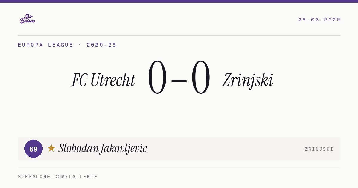 FC Utrecht 0–0 Zrinjski, Europa League 2025-26. Figura: Slobodan Jakovljevic, 69