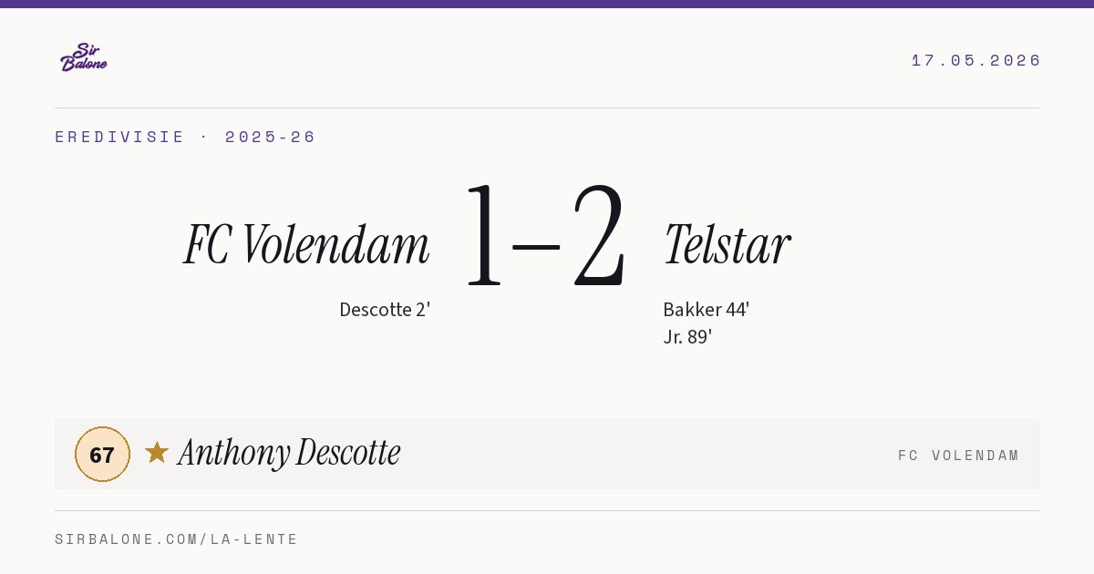 FC Volendam 1–2 Telstar, Eredivisie 2025-26. Figura: Anthony Descotte, 67