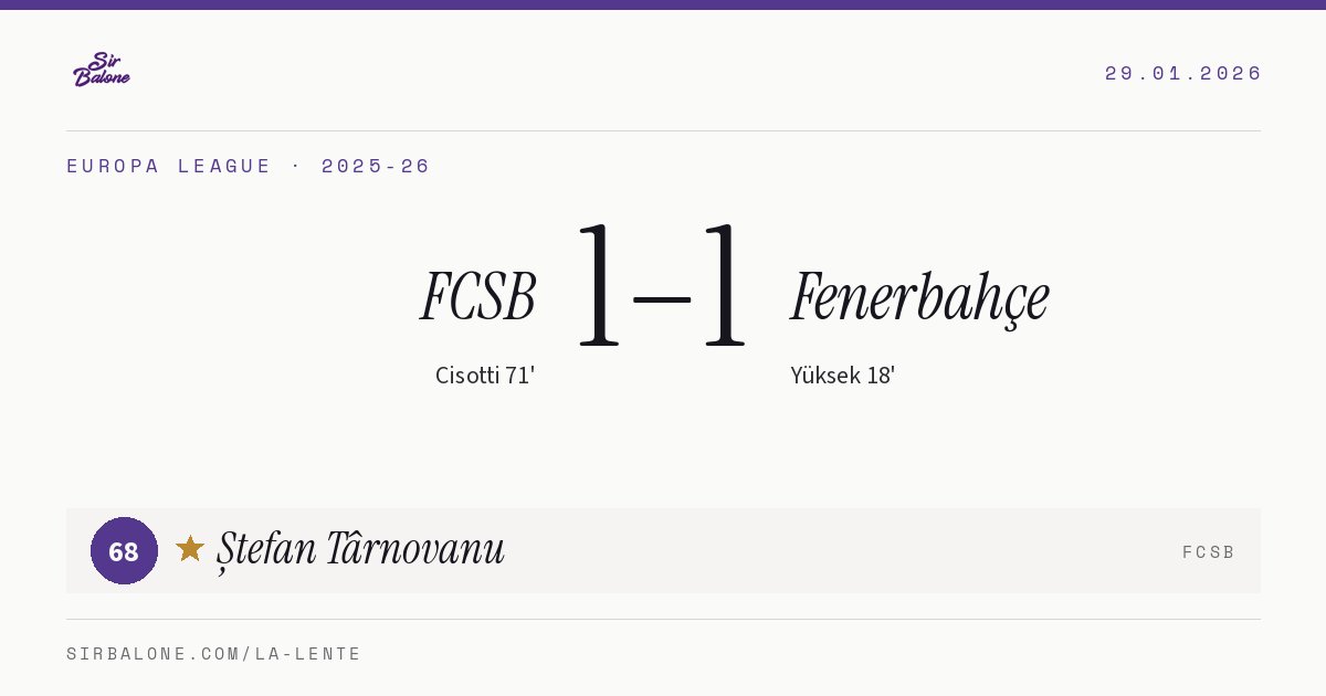 FCSB 1–1 Fenerbahçe, Europa League 2025-26. Figura: Ștefan Târnovanu, 68