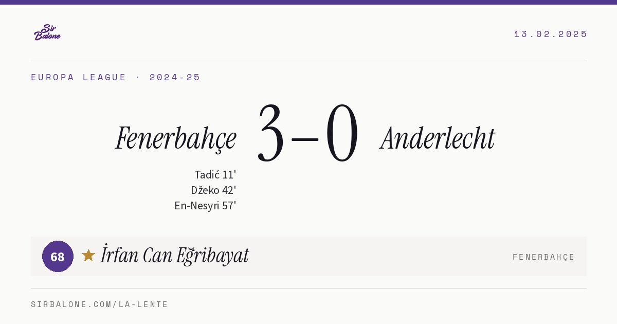 Fenerbahçe 3–0 Anderlecht, Europa League 2024-25. Figura: İrfan Can Eğribayat, 68