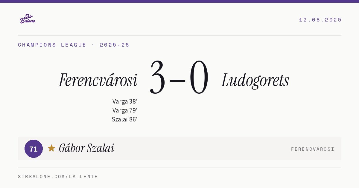 Ferencvárosi 3–0 Ludogorets, Champions League 2025-26. Figura: Gábor Szalai, 71