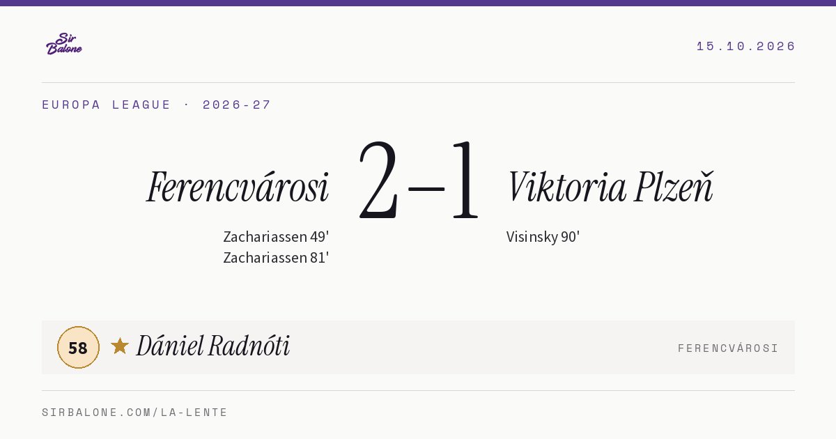 Ferencvárosi 2–1 Viktoria Plzeň, Europa League 2026-27. Figura: Dániel Radnóti, 58