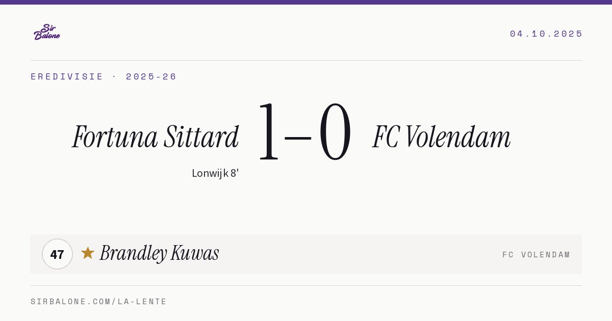 Fortuna Sittard 1–0 FC Volendam, Eredivisie 2025-26. Figura: Brandley Kuwas, 47